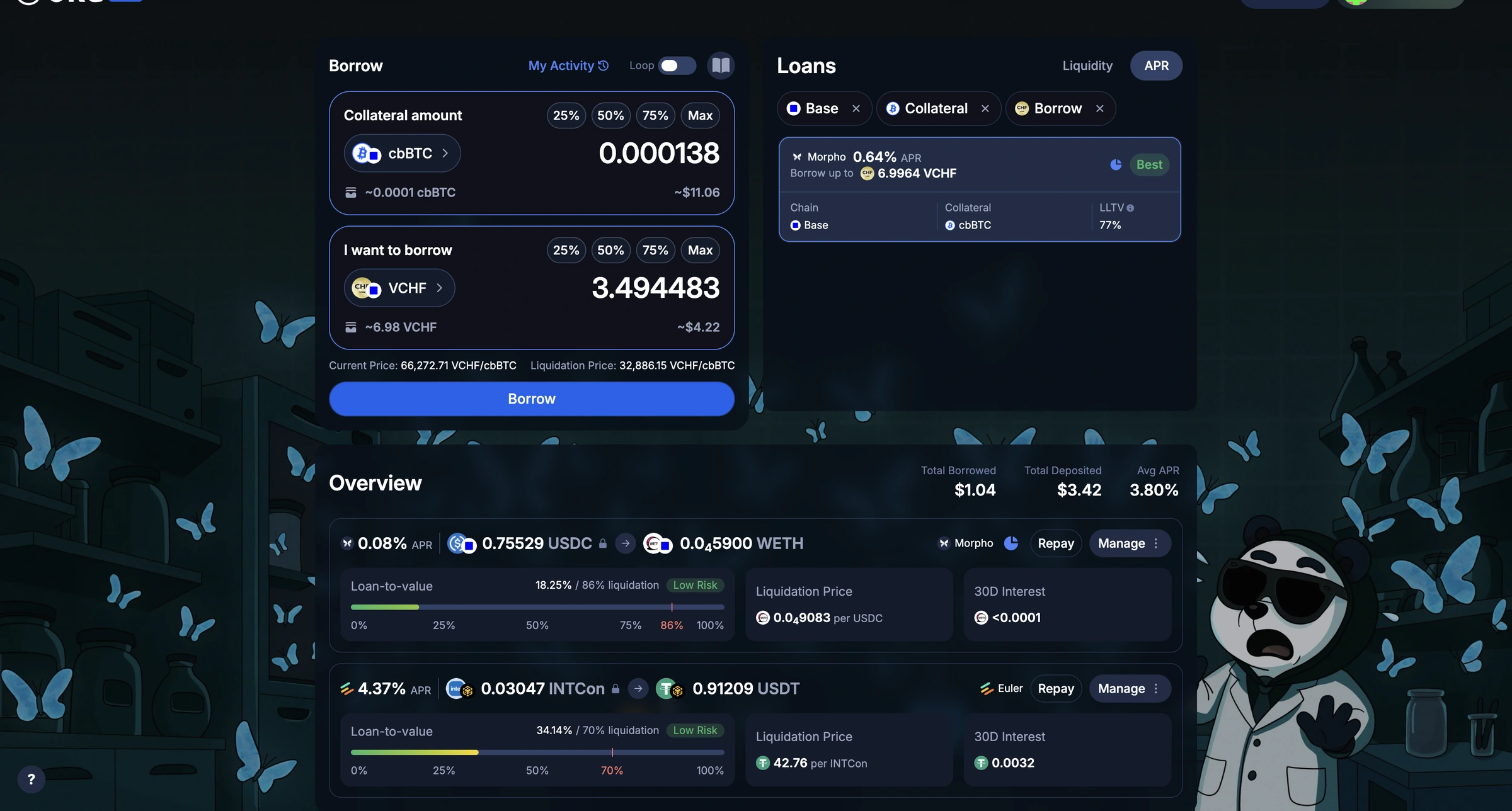 Oku 2.0 Borrow page with the borrow form, market cards and a position overview