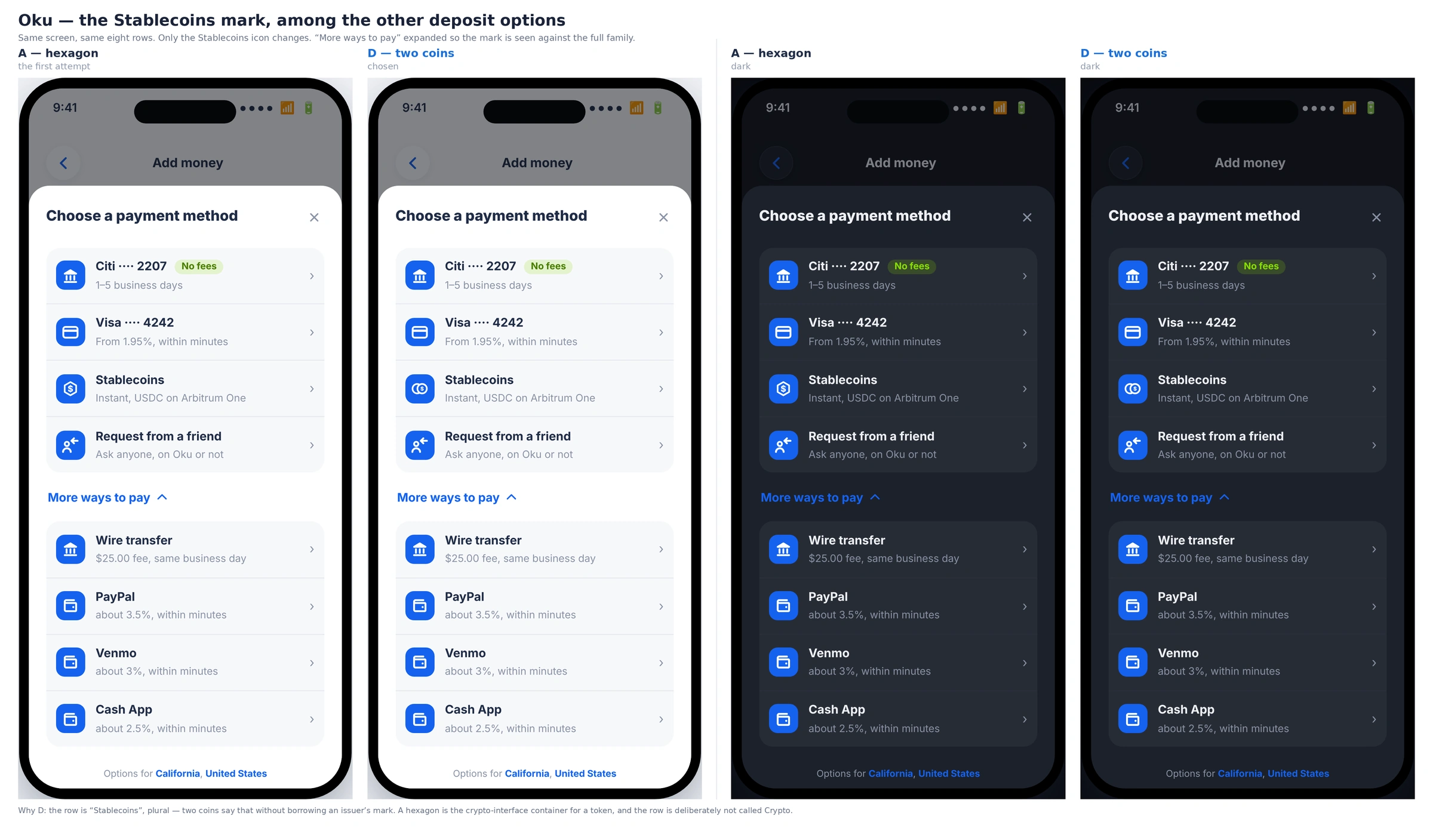 Four phones comparing a hexagon and a two-coin Stablecoins icon in light and dark mode