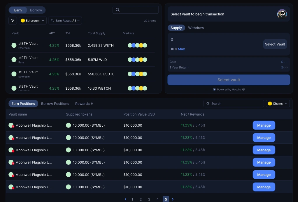 Oku 1.0 Earn and Borrow page with a dense positions table