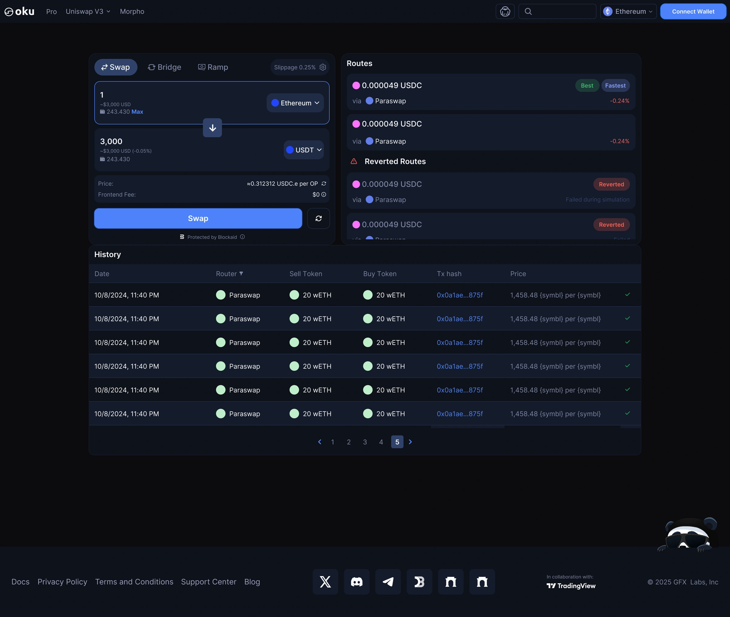 Oku 1.0 swap screen with swap form, routes panel and history table