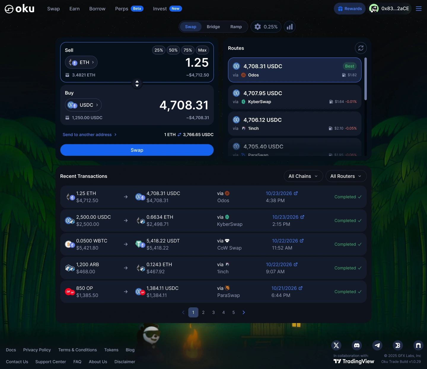 Oku 2.0 swap screen with a simplified swap card, a ranked routes list and a cleaner recent transactions list